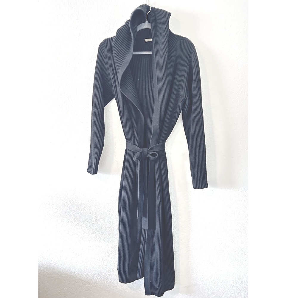 J.Crew Vintage 90s Black Ribbed Knit Hooded Longline Belted Cardigan SZ S/M‎